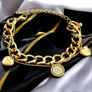 🆕️18K Gold Plated Stainless Steel Double Chain Bracelet Heart Evil Eye Charm 🌟